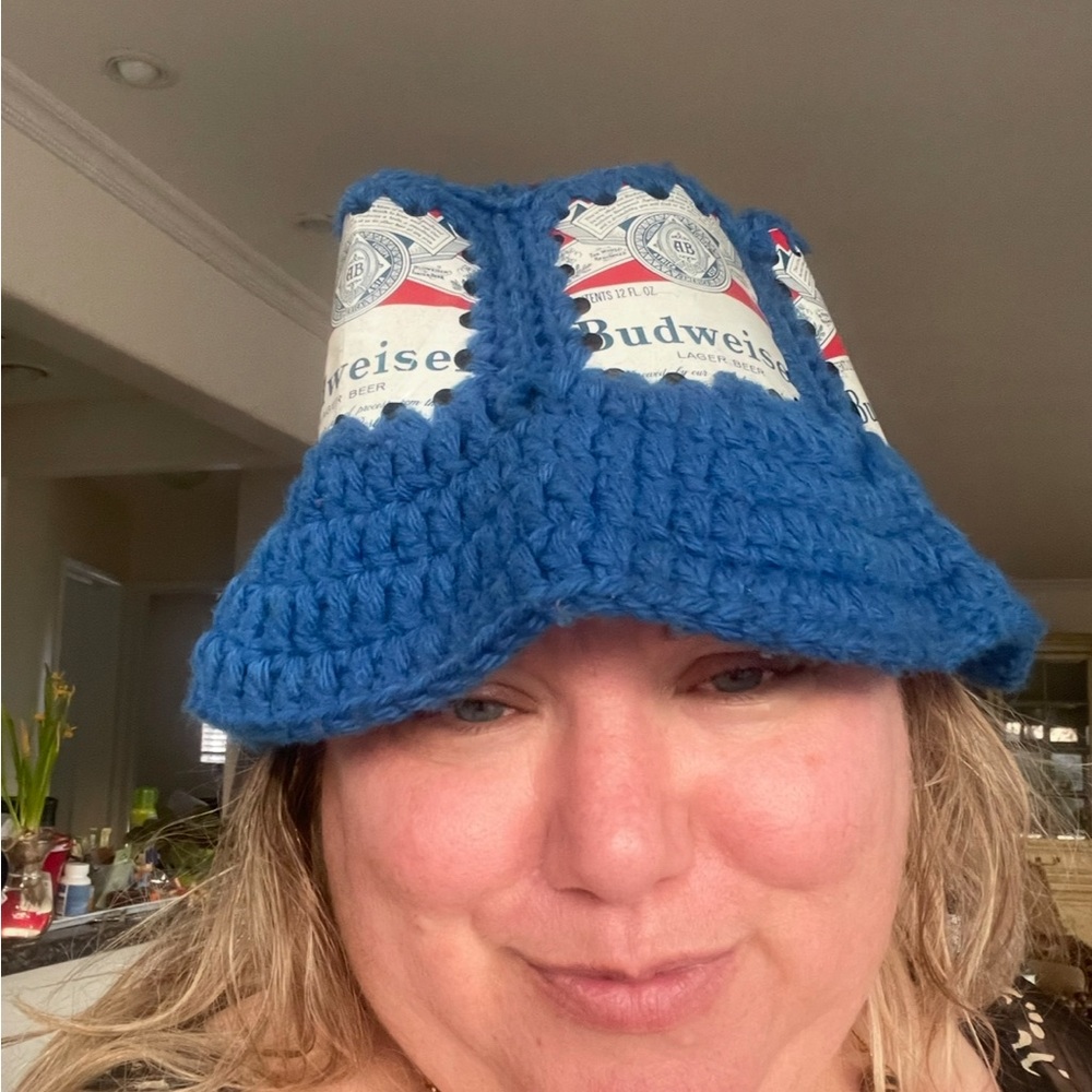 Blue Crochet Hat with Budweiser Design handmade one of a kind
